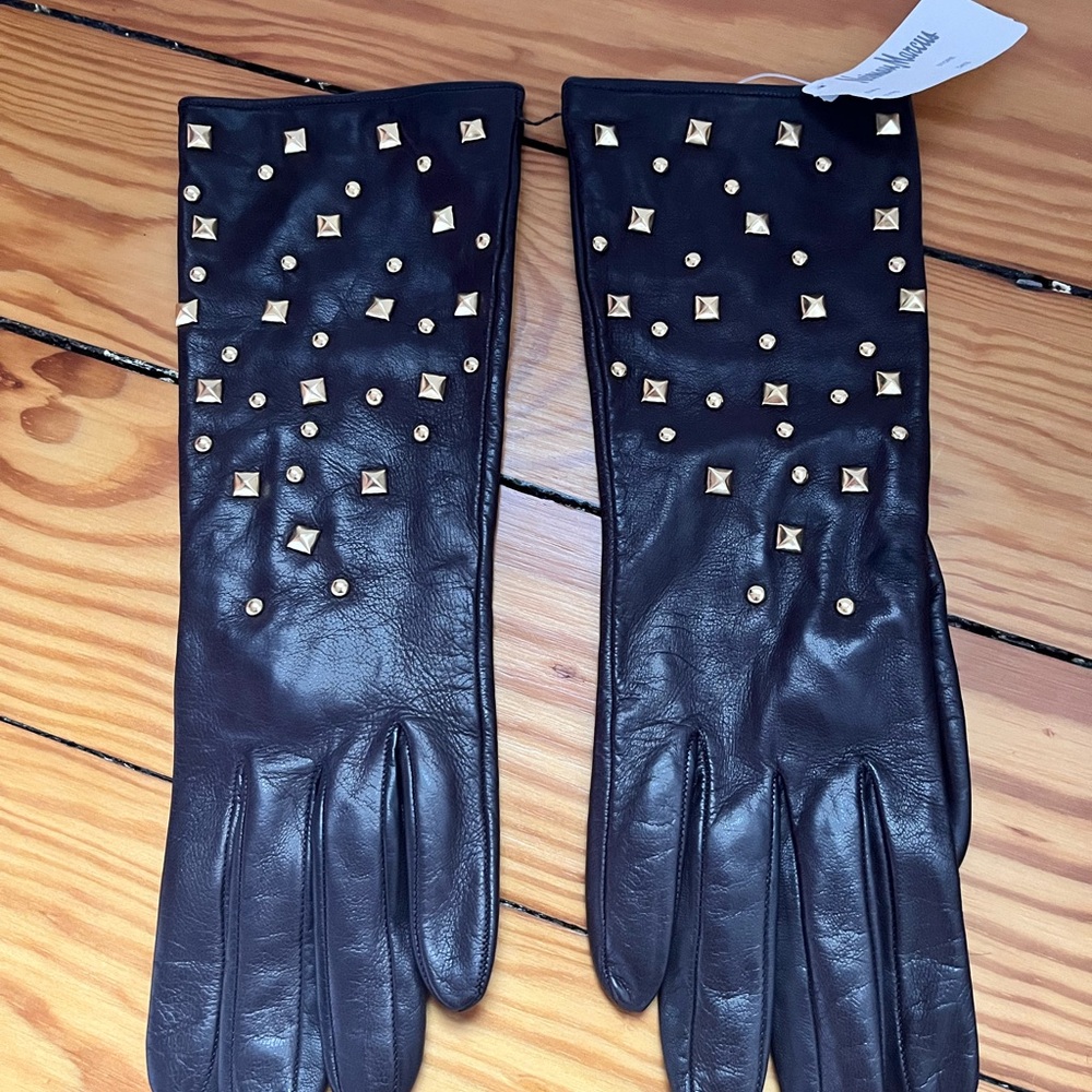 Neiman Marcus Black Leather Gloves with Studded Gold Accents